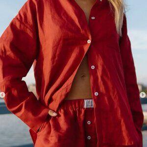 Parke Oversized Boyfriend Linen Button Down Shirt in Red Large Extra Large
